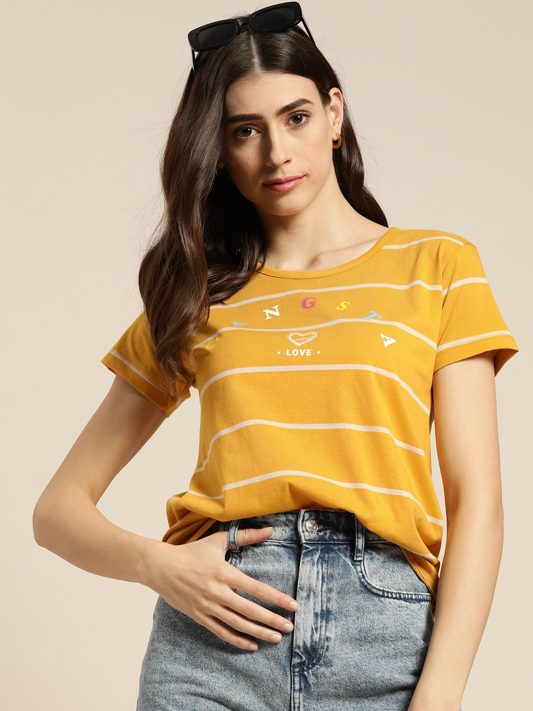 

Moda Rapido Women Yellow & Off White Typography Striped T-shirt