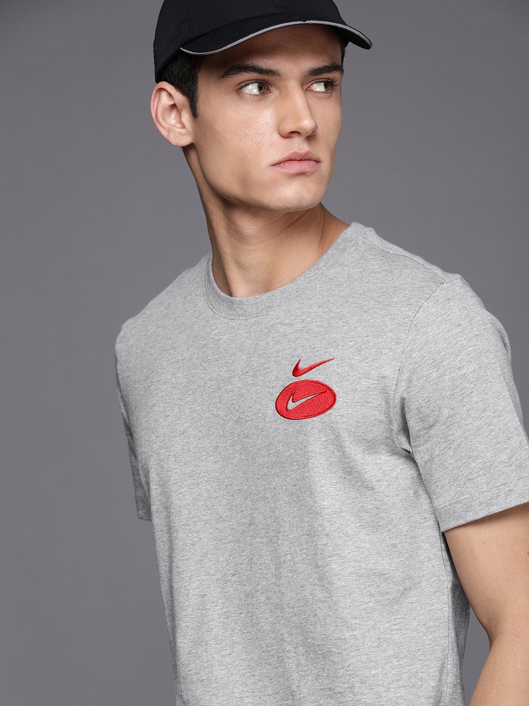 

Nike Men Grey Melange Brand Logo Embroidered Pure Cotton T-shirt