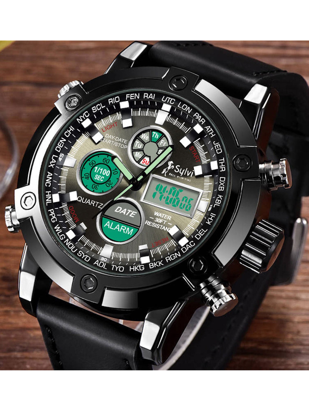 

Sylvi Men Black Patterned Dial & Black Leather Straps Analogue and Digital Watch
