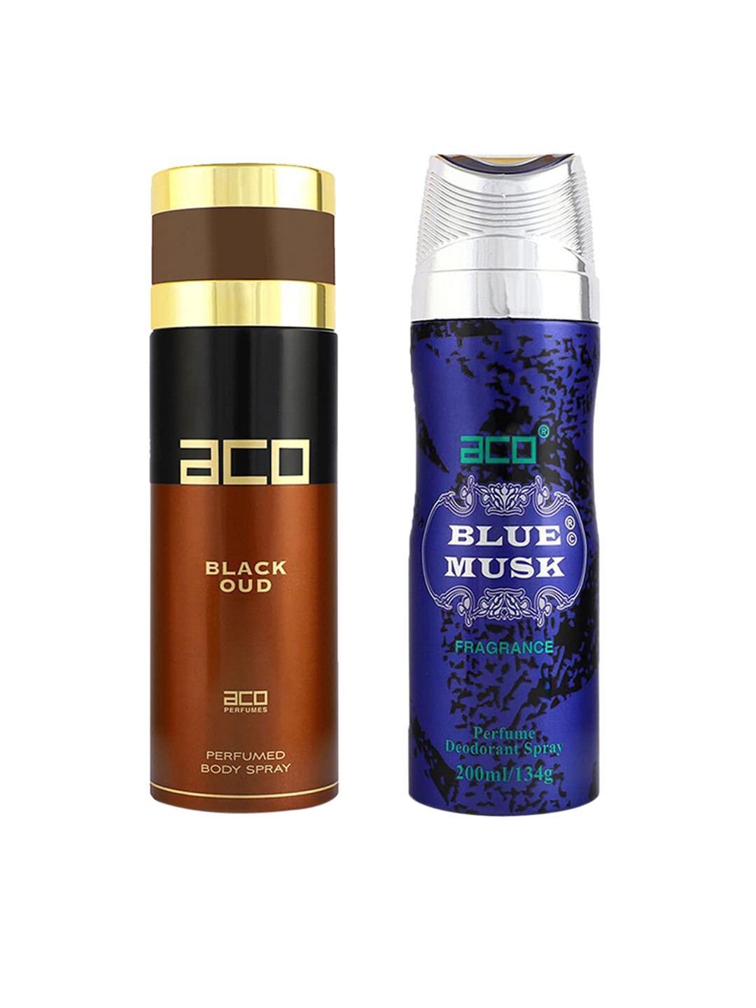 

aco PERFUMES Men Set of 2 Black Oud Body Spray & Blue Musk Deodorant - 200 ml Each