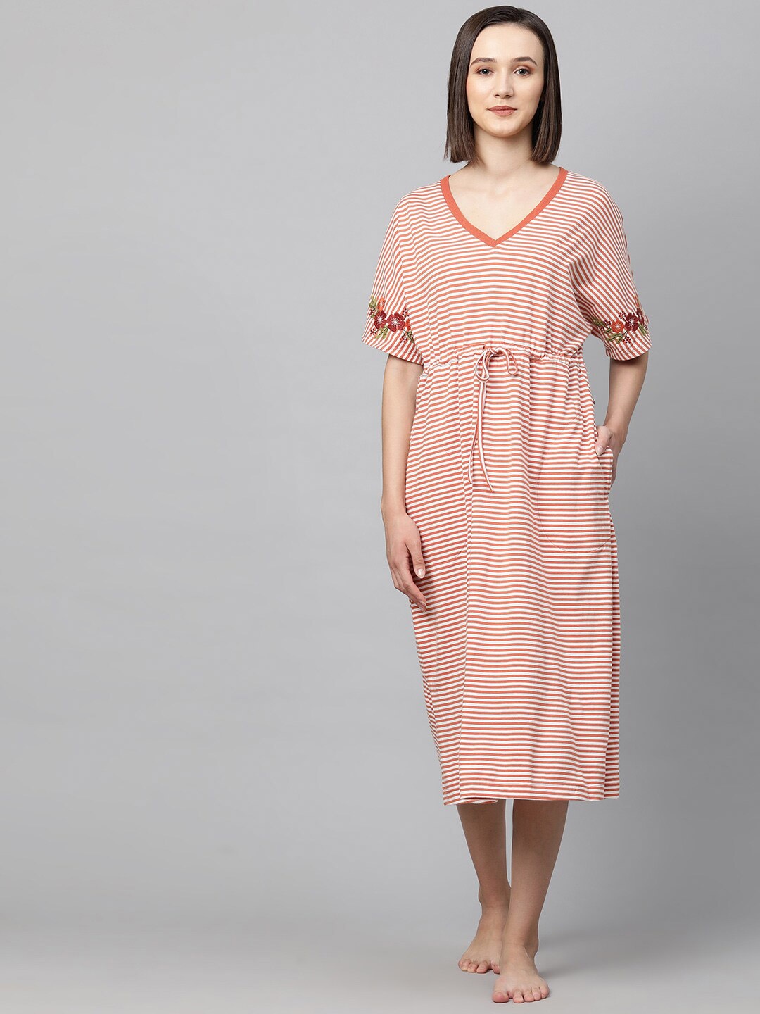 

Chemistry Peach-Coloured Pure Cotton Striped and embroidery Nightdress