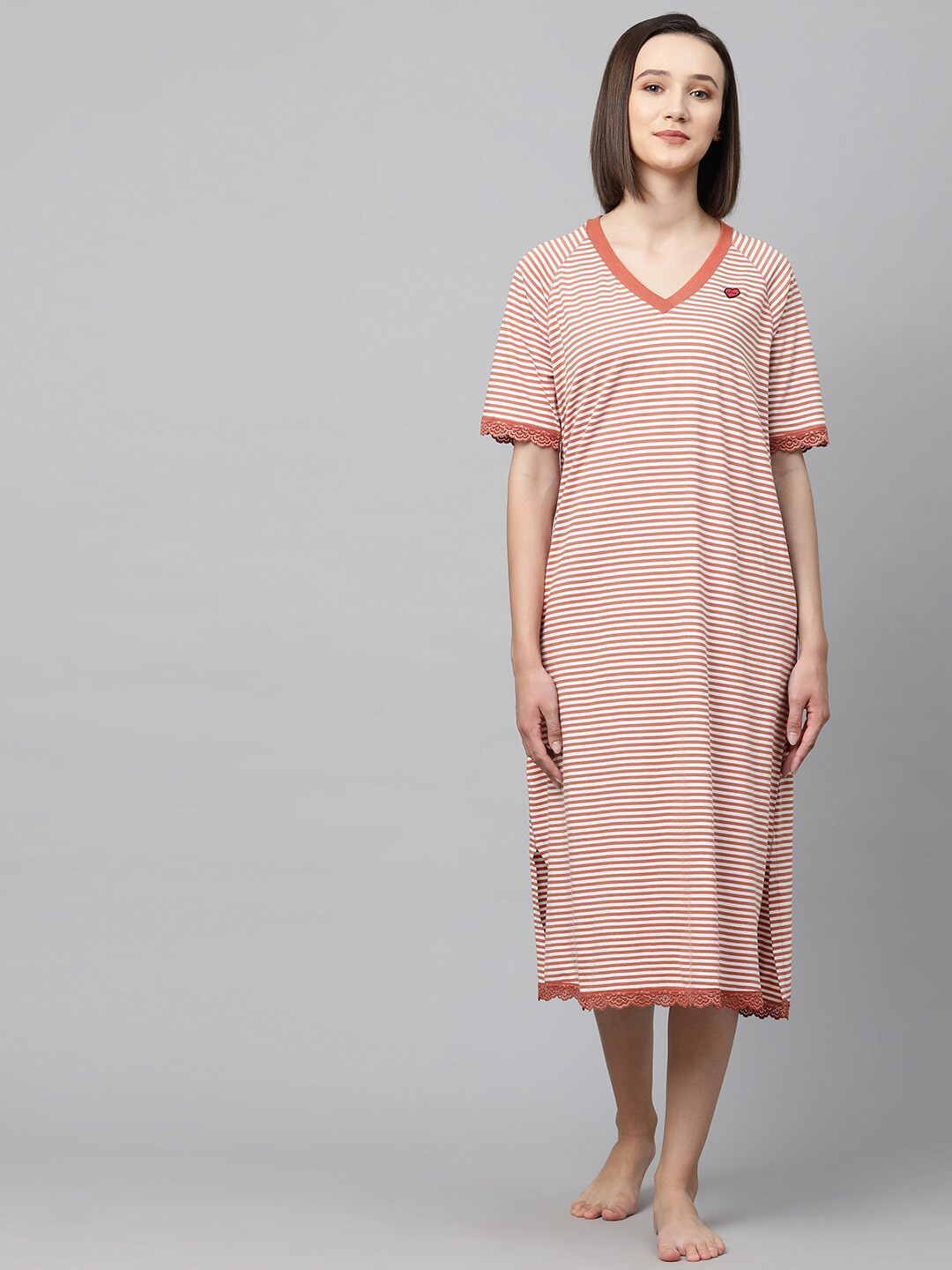 

Chemistry Peach-Coloured & White Striped Pure Cotton Nightdress