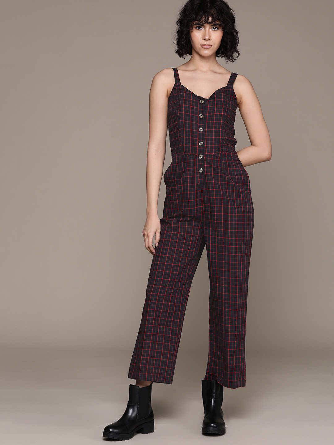 

The Roadster Lifestyle Co. Smocked Checked Basic Jumpsuit, Black