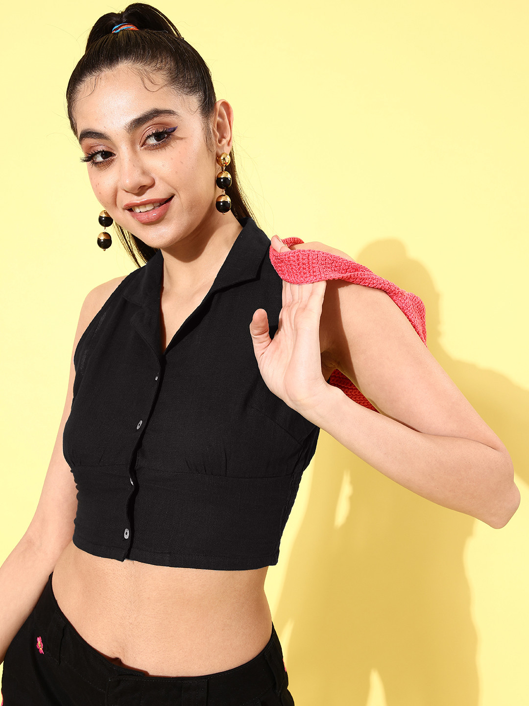 

Roadster Women Black Regular Fit Solid Opaque Pure Cotton Casual Crop Shirt