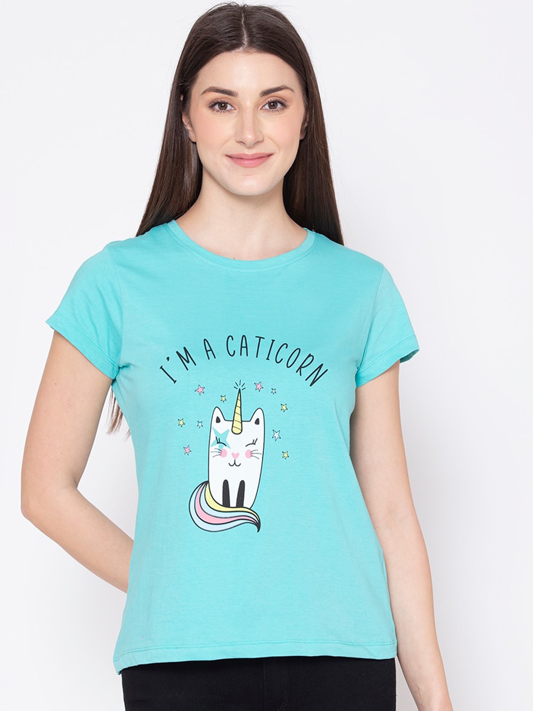 

Lounge Dreams Women Blue & White Printed Cotton Lounge T-Shirt