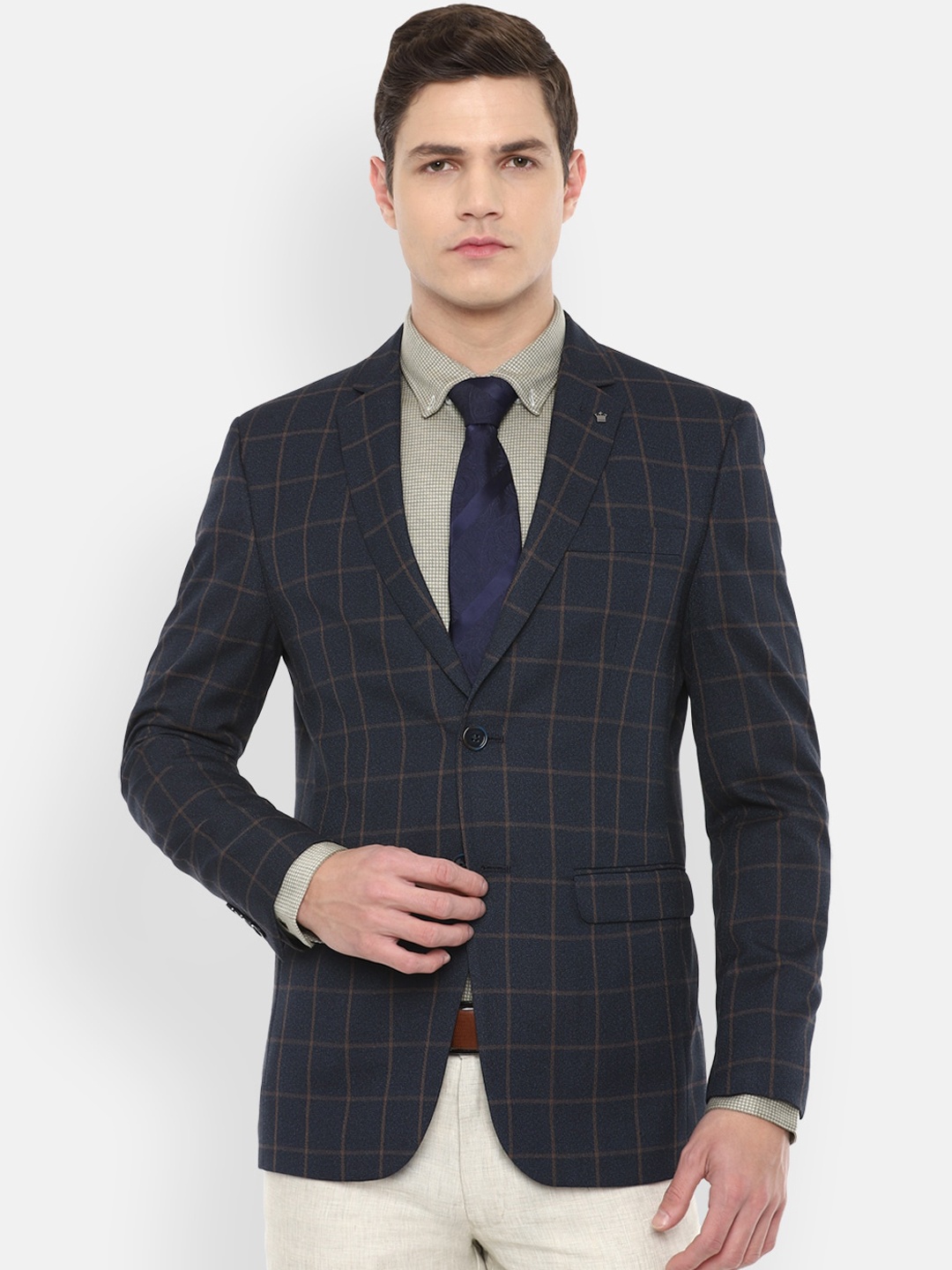 

Louis Philippe Men Navy Blue Checked Slim-Fit Single-Breasted Formal Blazer