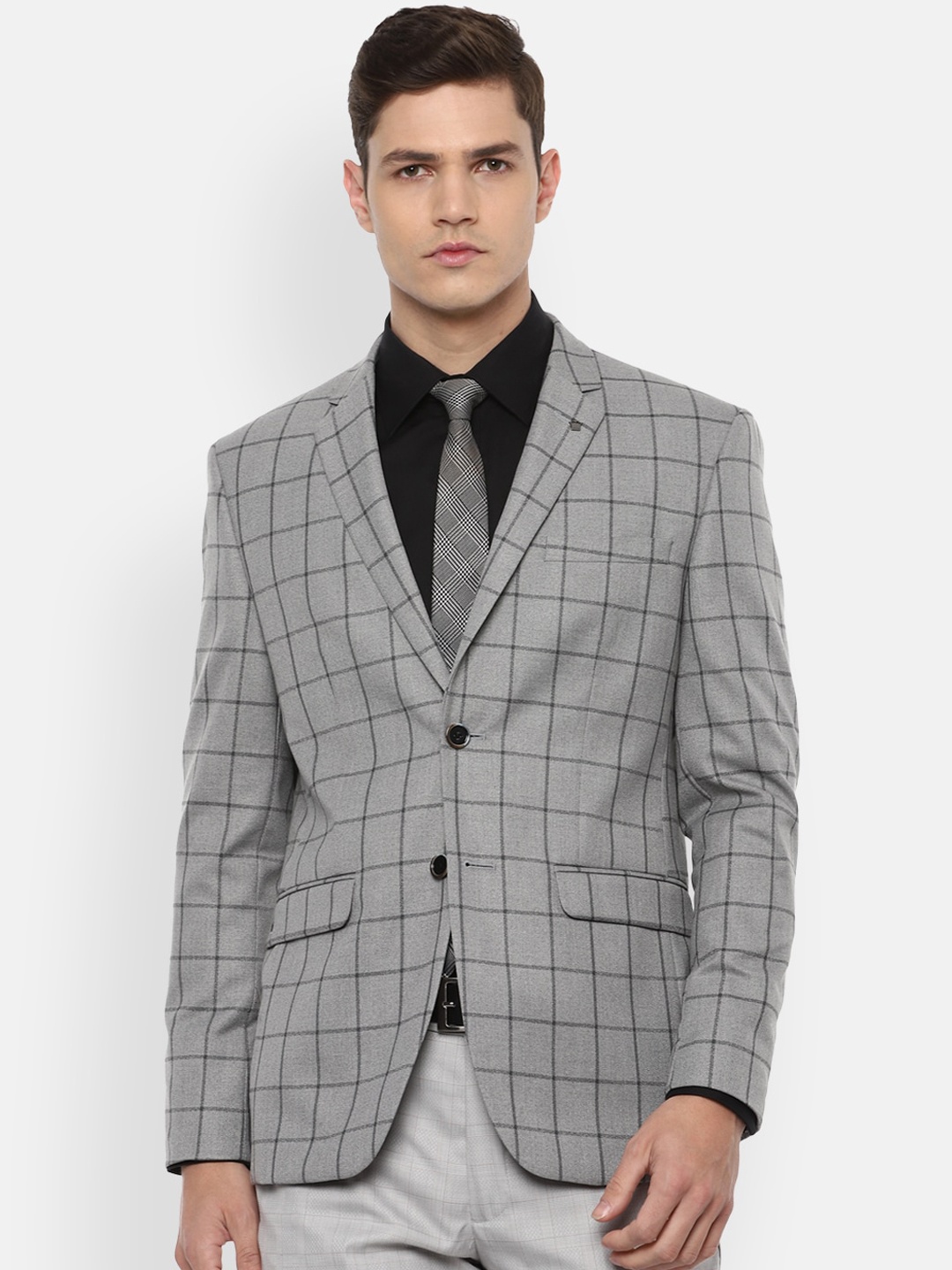 

Louis Philippe Men Grey Checked Slim-Fit Single-Breasted Blazer