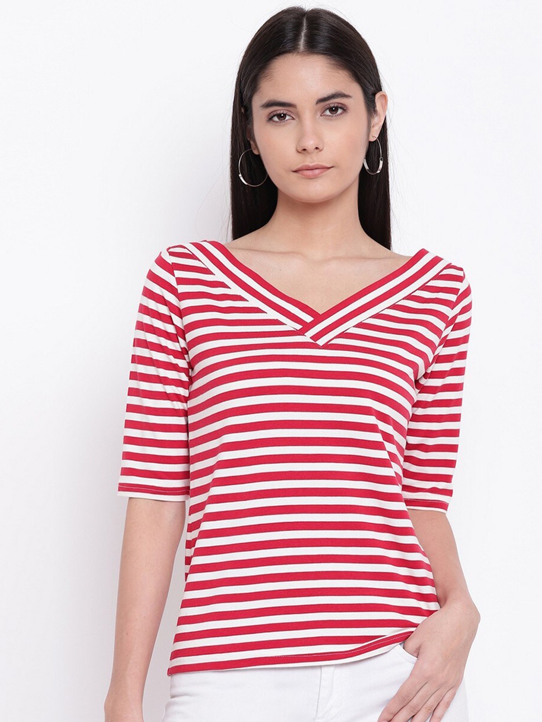 

RIVI Red & White Striped Pure Cotton Top