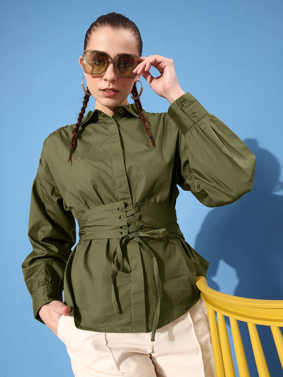 

The Roadster Lifestyle Co. Women Dark Olive Green Emo 2.0 Corset Club Pure Cotton Shirt
