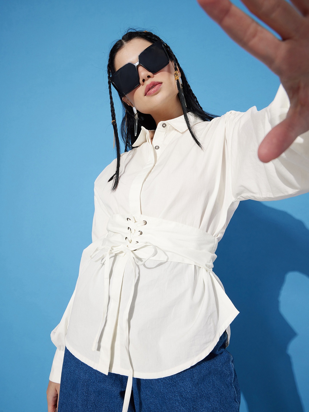 

The Roadster Lifestyle Co. Women Antique White Emo 2.0 Corset Club Pure Cotton Shirt