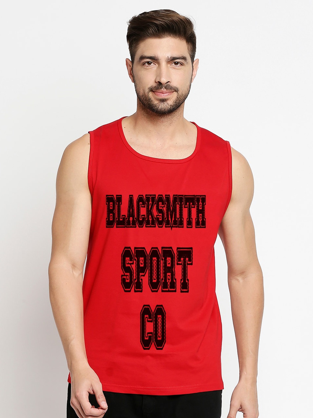 

Blacksmith Men Red & Black Typography Printed Cotton Training or Gym T-shirt