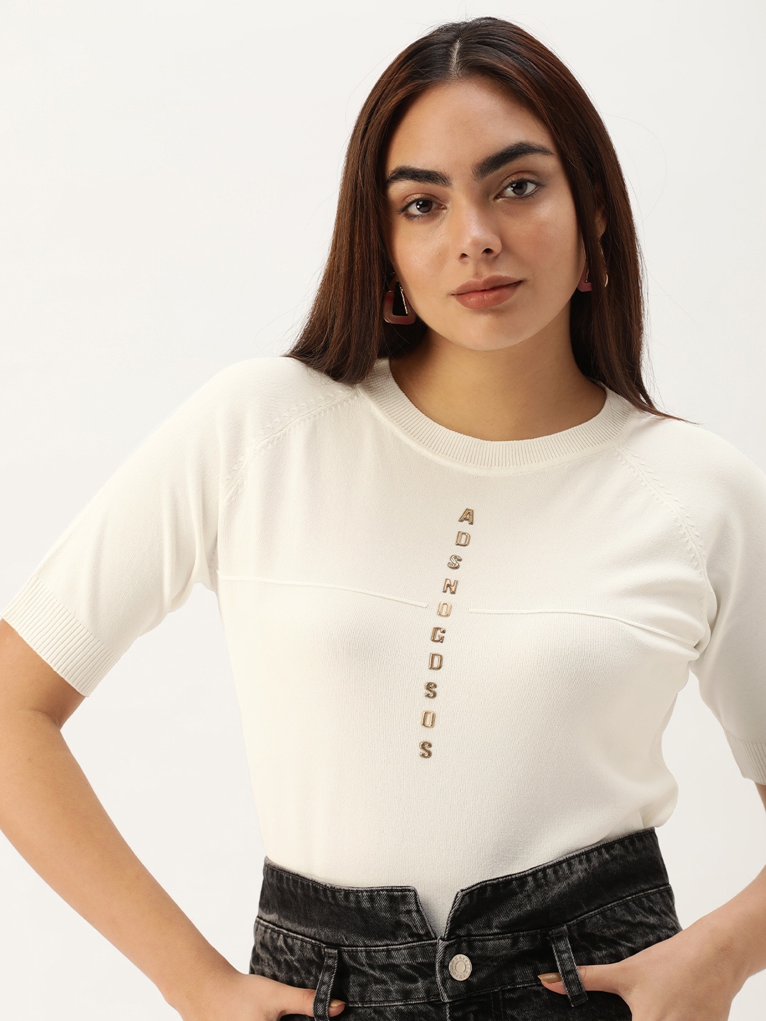 

SHECZZAR Women White Solid Applique Detail T-shirt