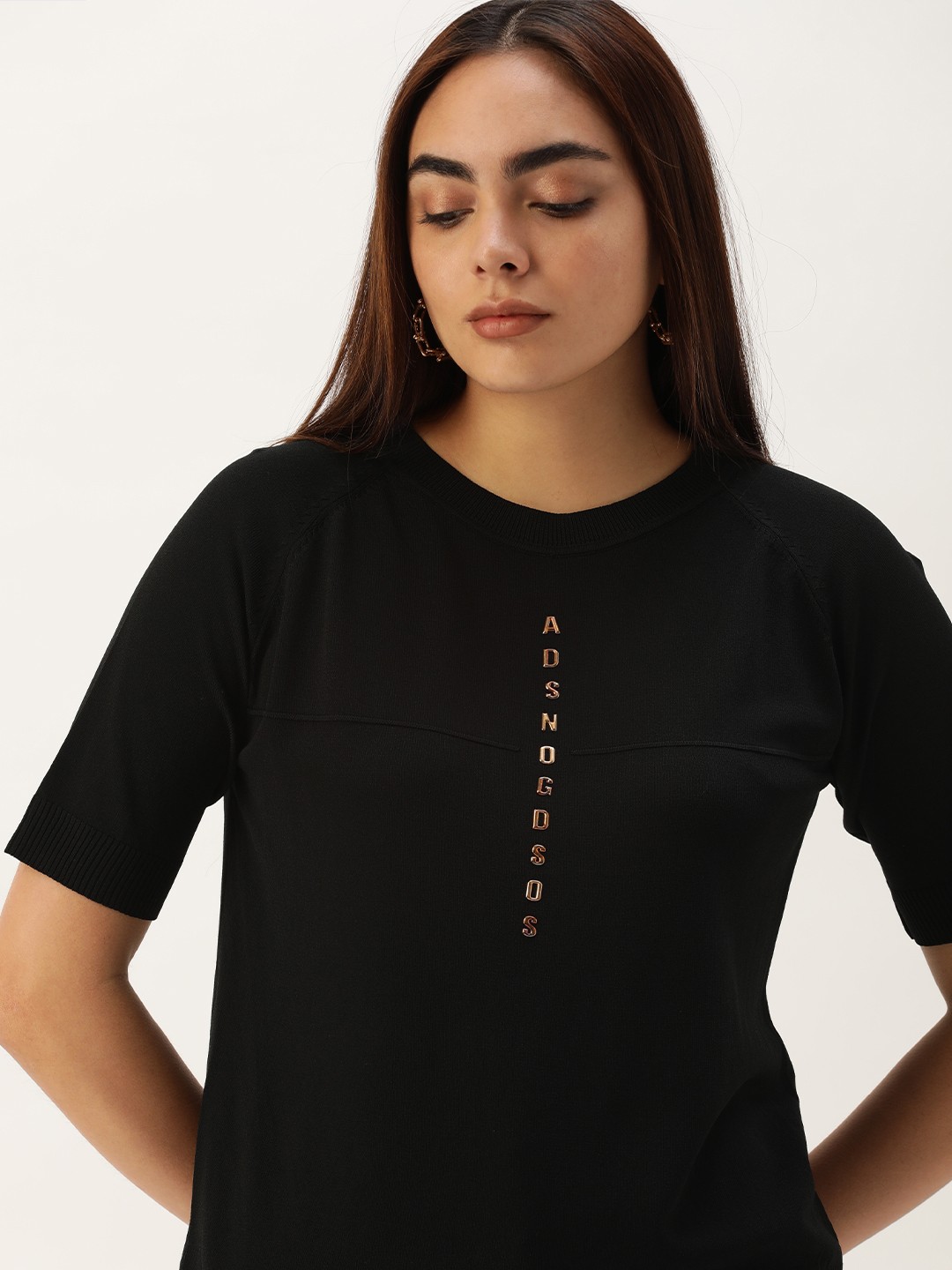 

SHECZZAR Women Black Solid Applique Detail T-shirt