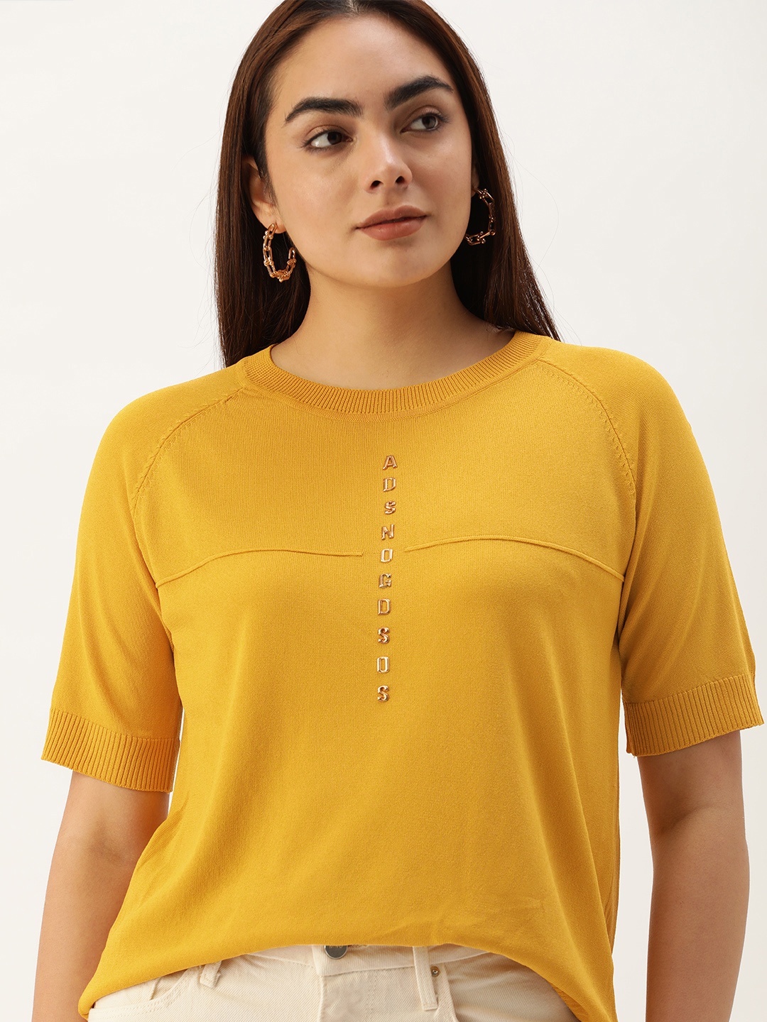 

SHECZZAR Women Mustard Yellow & Gold Typography Printed T-shirt
