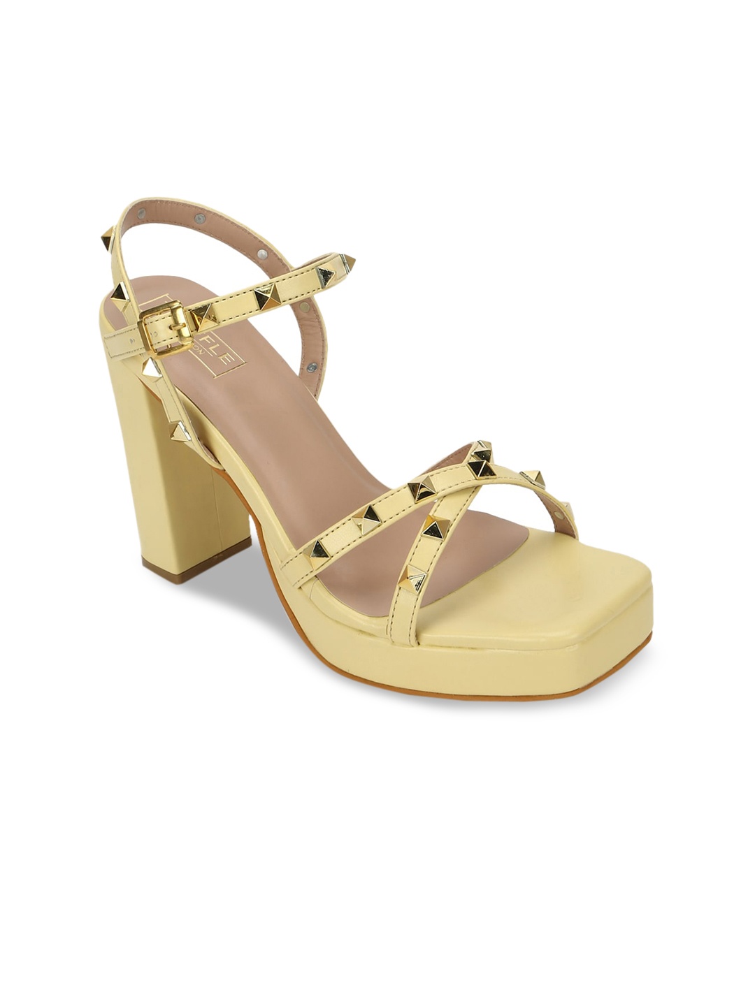 

Truffle Collection Gold-Toned Embellished PU Block Heel Sandals