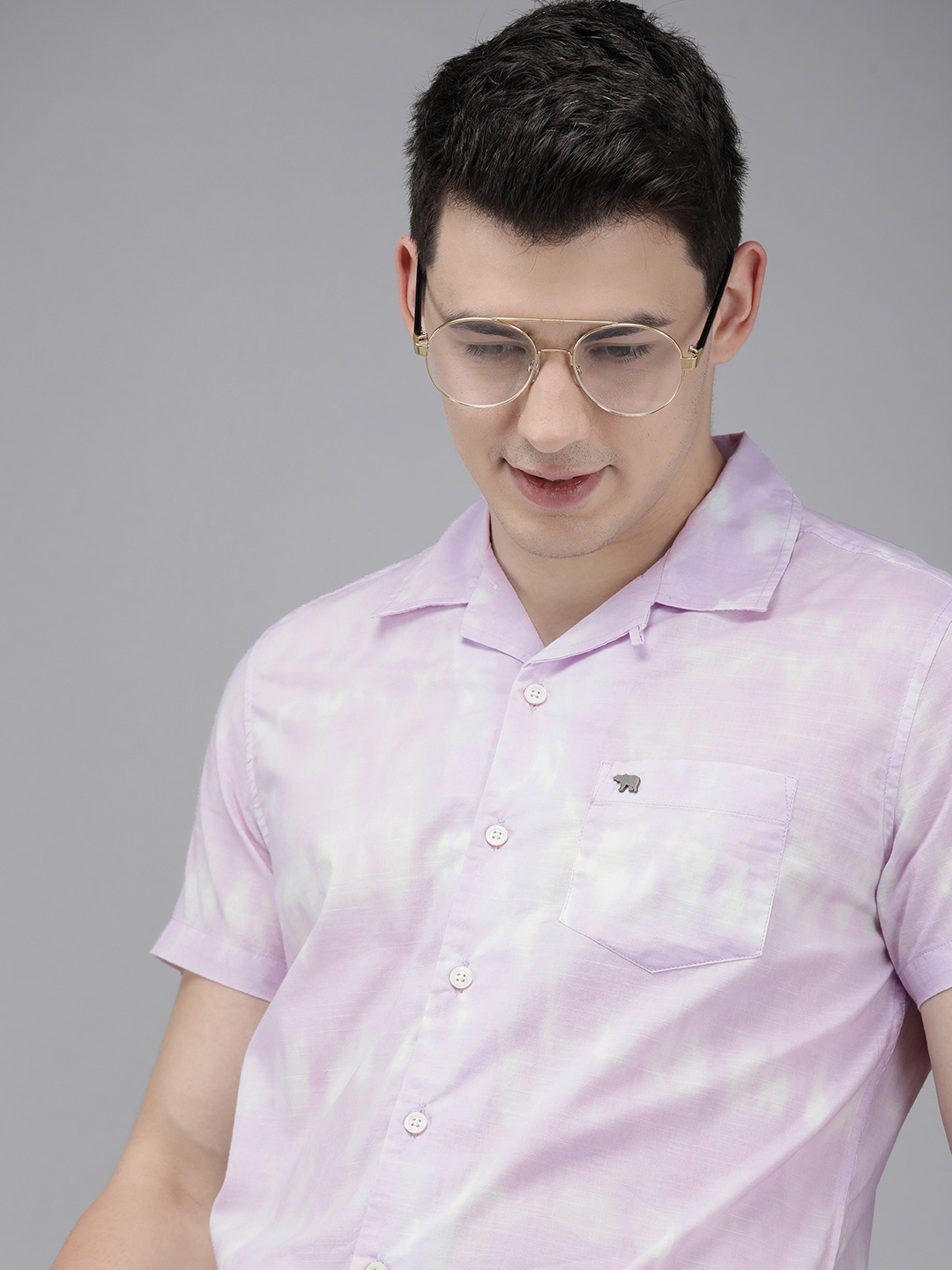 

THE BEAR HOUSE Men Lavender & White Dyed Slim Fit Cotton Shirt