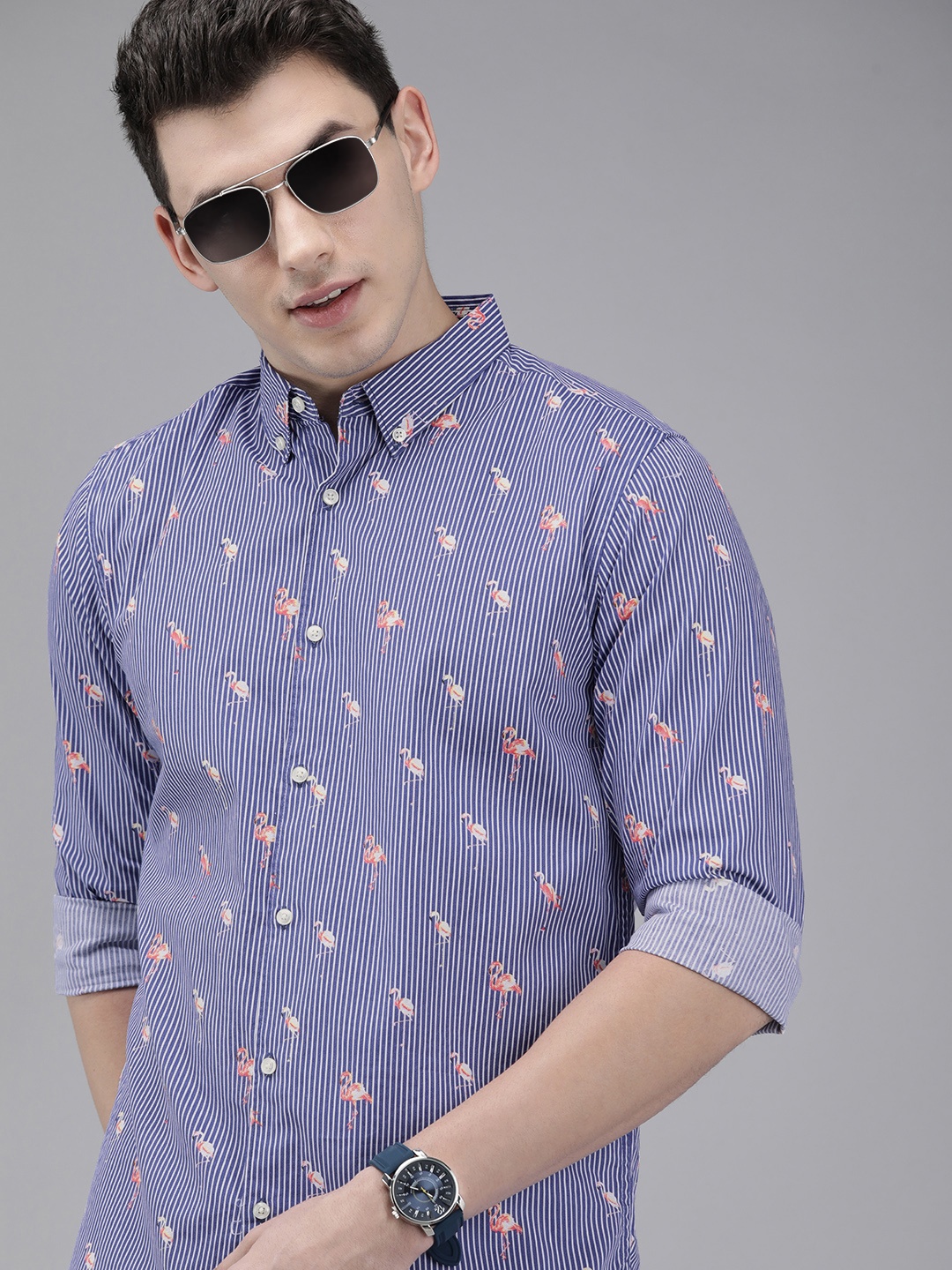 

THE BEAR HOUSE Men Blue Striped Tropical Slim Fit Pure Cotton Casual Shirt
