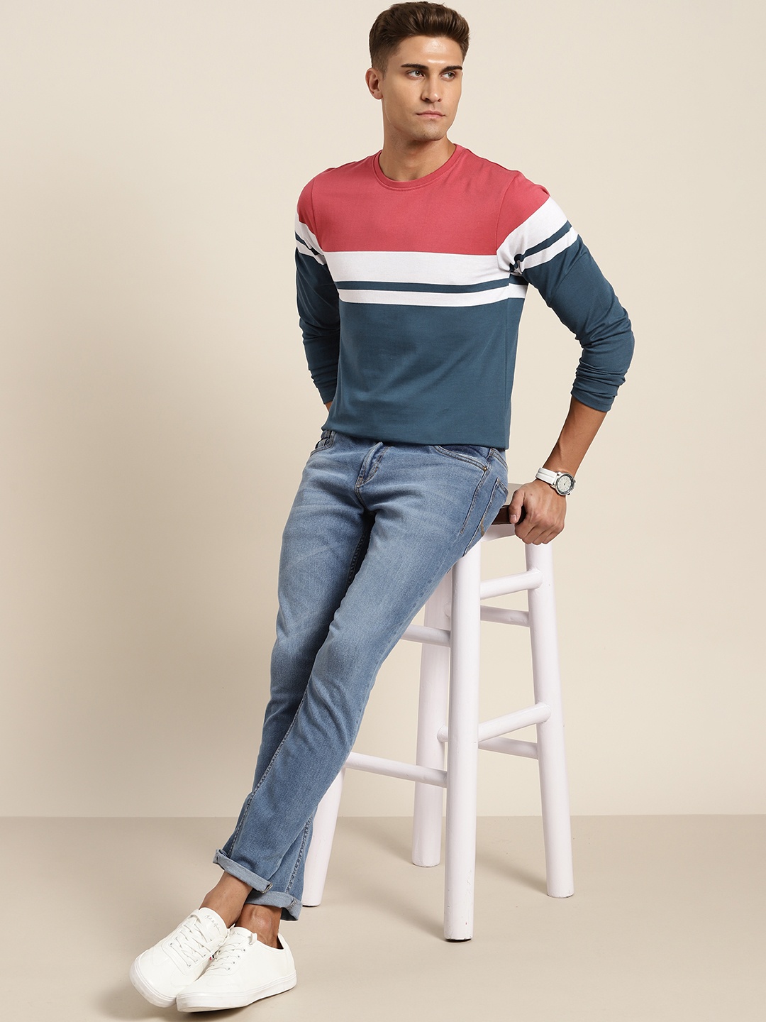 

Moda Rapido Men Teal Blue & Pink Colourblocked T-shirt