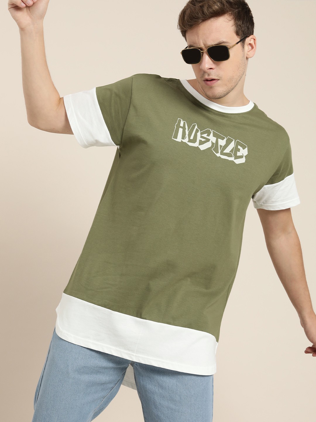 

Moda Rapido Men Olive Green & White Colourblocked Longline T-shirt
