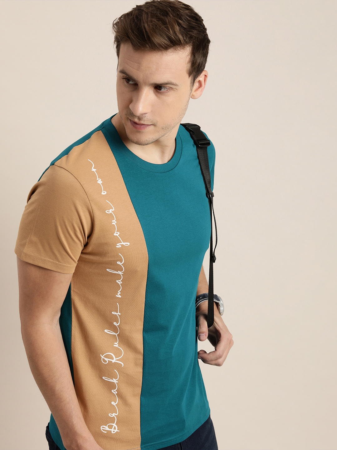 

Moda Rapido Men Teal Blue & Khaki Colourblocked T-shirt