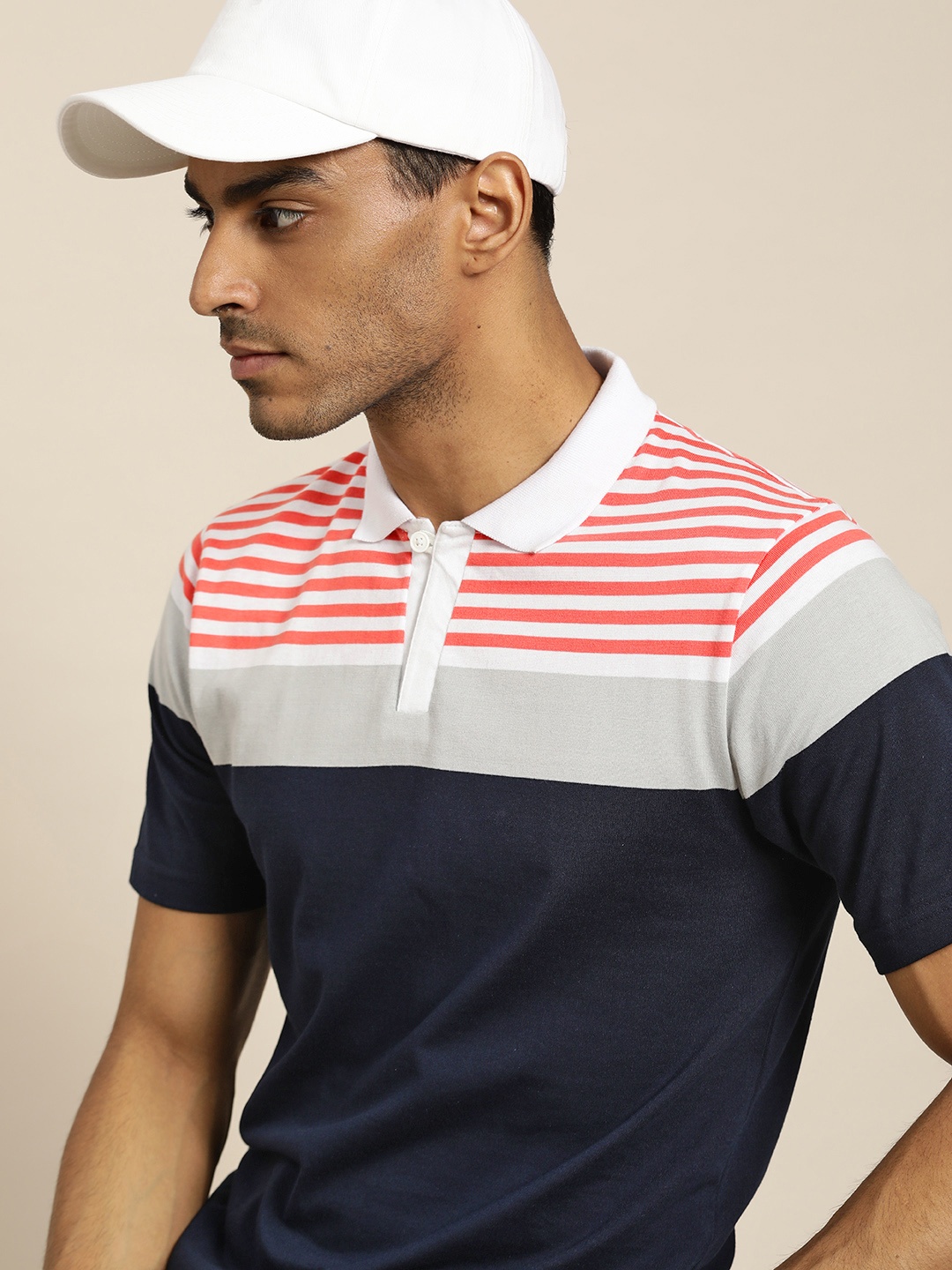 

Moda Rapido Men Navy Blue & Grey Colourblocked Polo Collar T-shirt