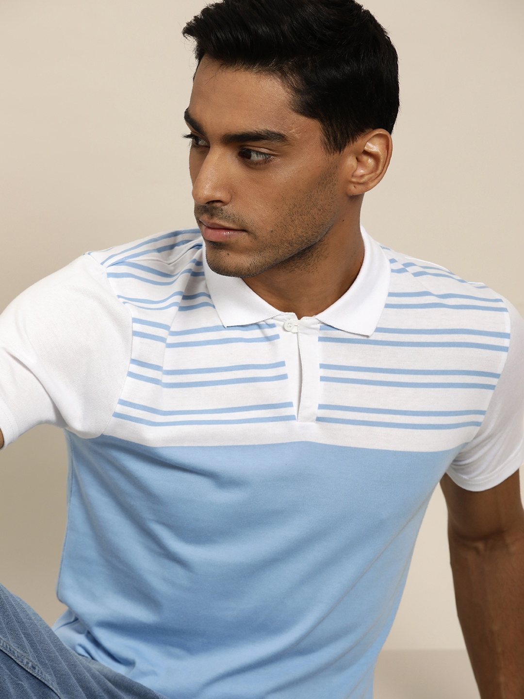 

Moda Rapido Men Blue & White Striped Polo Collar T-shirt