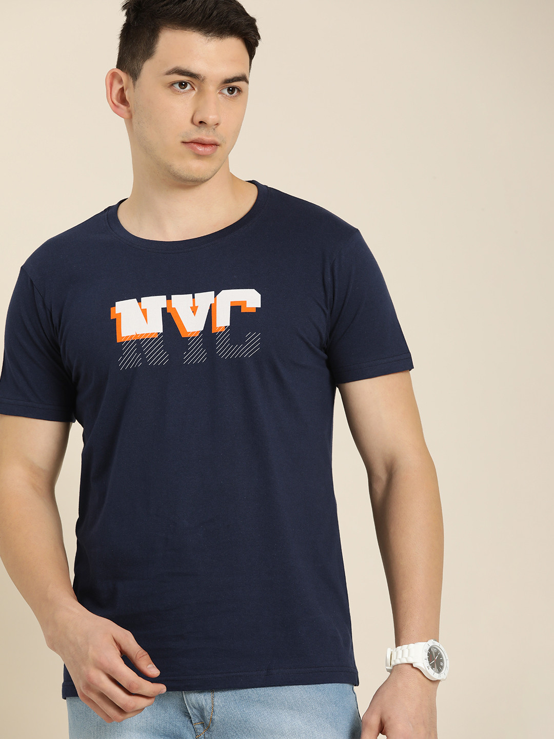

Moda Rapido Men Navy Blue Graphic Printed Pure Cotton Casual T-shirt