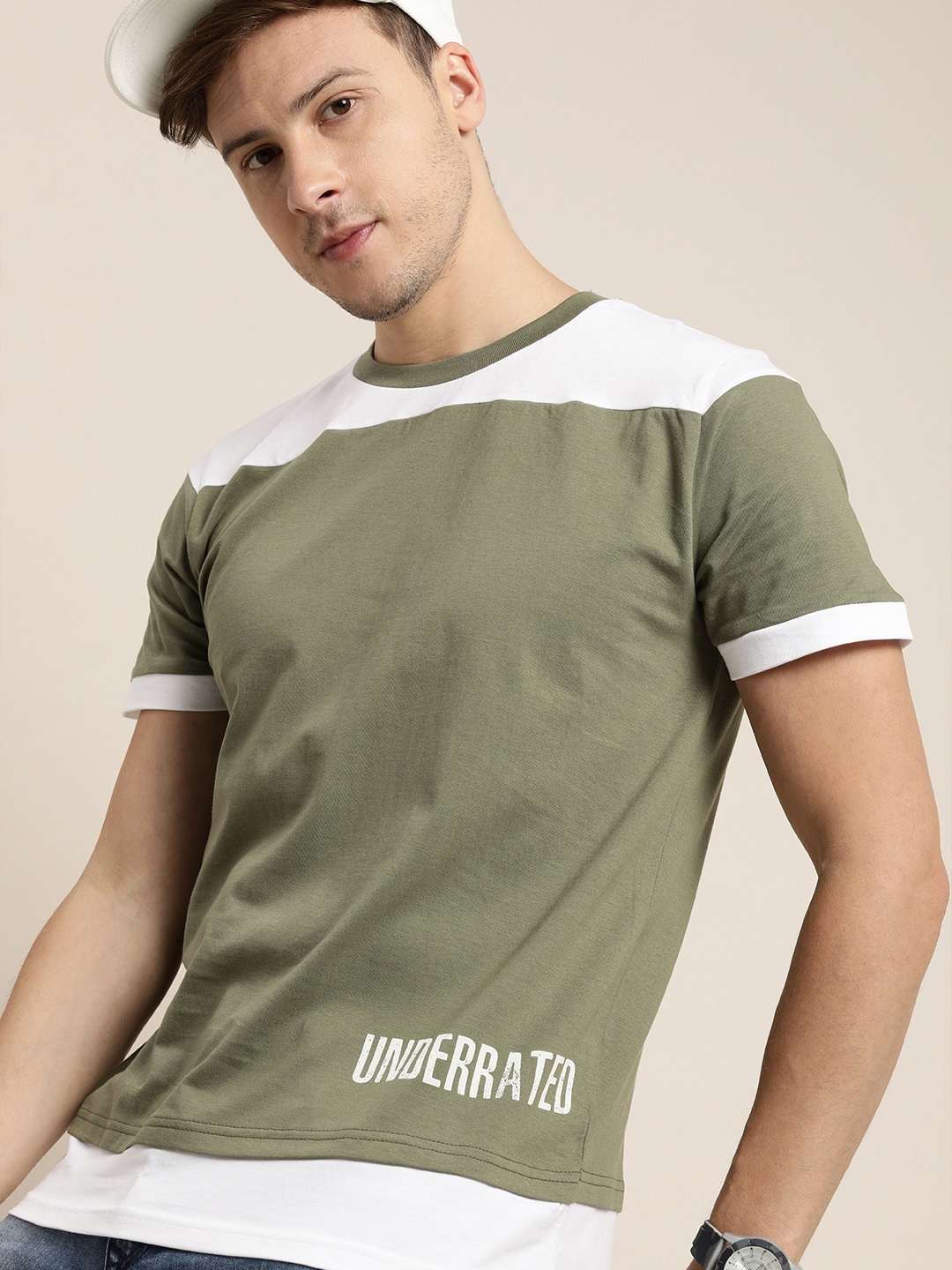 

Moda Rapido Men Olive Green & White Colourblocked T-shirt