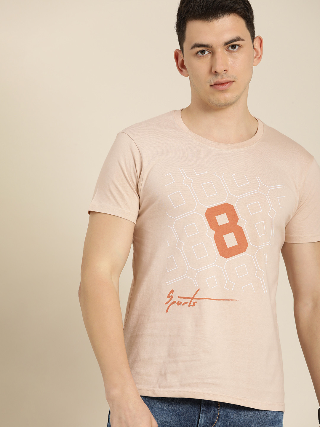 

Moda Rapido Men Light Rose Sports Printed Pure Cotton T-shirt