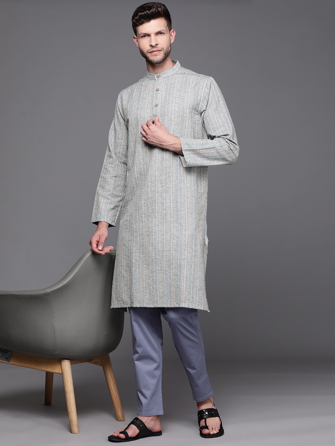 

Fabindia Men Blue & Grey Striped Pure Cotton Kurta