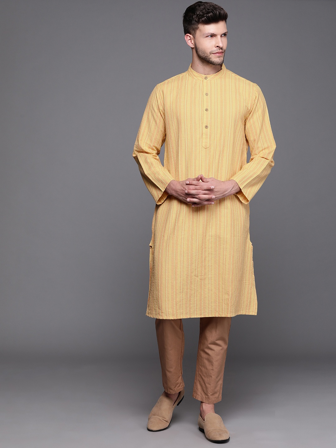 

Fabindia Men Yellow & Orange Striped Pure Cotton Kurta