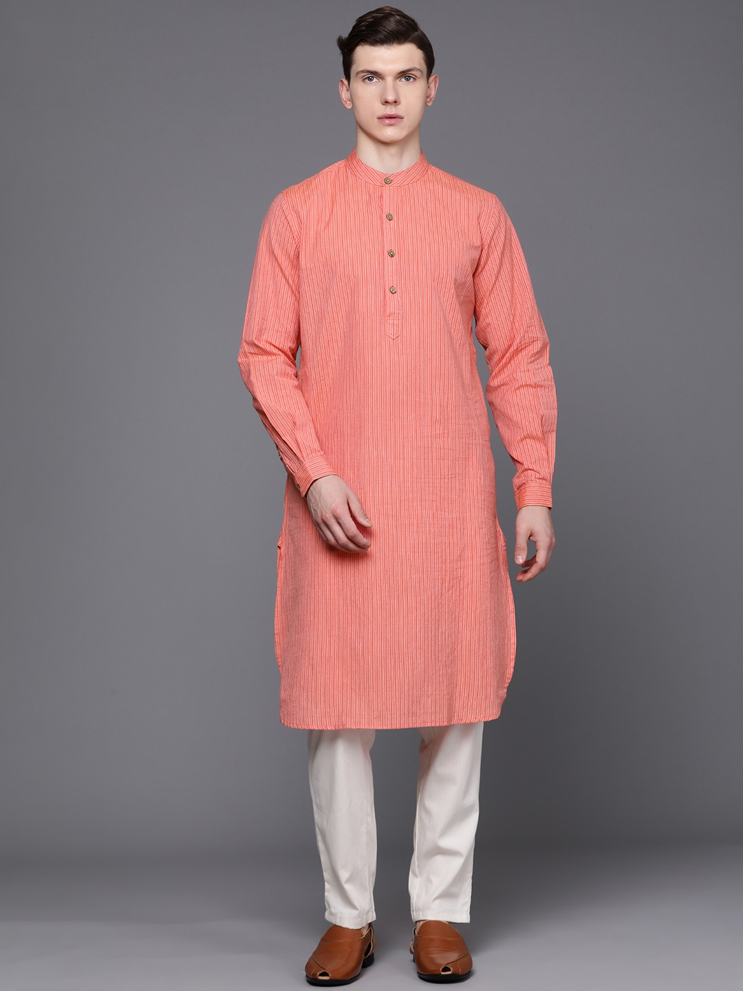 

Fabindia Men Peach-Coloured & White Pure Cotton Slim Fit Striped Kurta