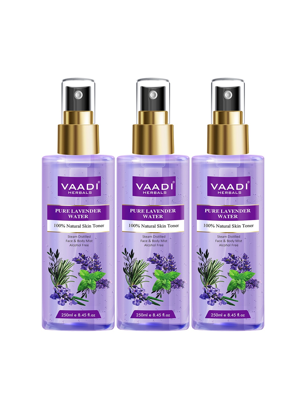 

Vaadi Herbals Set of 3 Pure Lavender Water 100% Natural & Pure Skin Toner - 250 ml Each, Purple