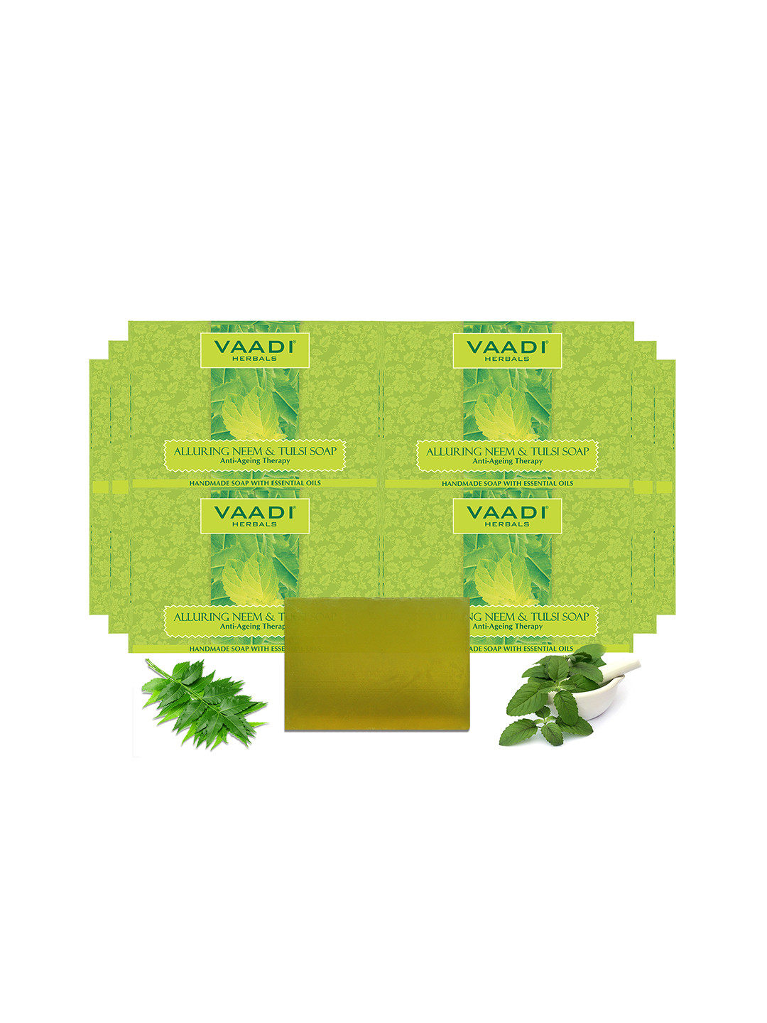

Vaadi Herbals Set of 12 Alluring Neem & Tulsi Anti-Ageing Therapy Soap - 75 g Each, Green