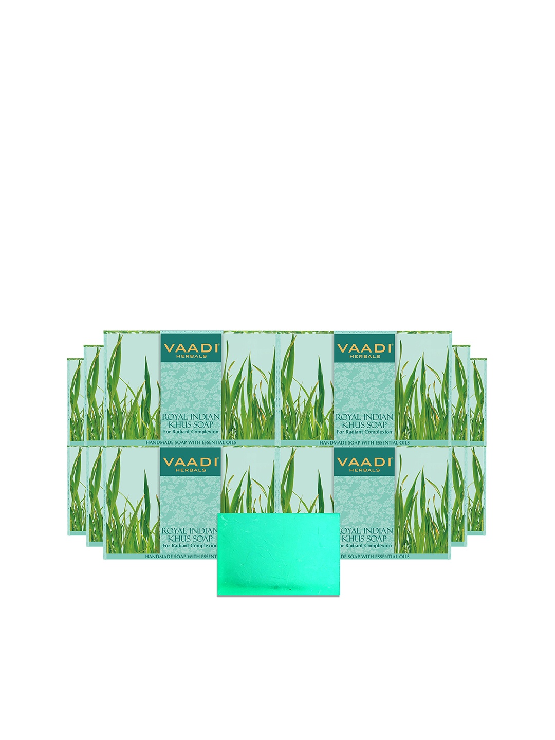 

Vaadi Herbals Set of 12 Royal Indian Khus Soaps with Olive & Soyabean Oil - 75g each, Green