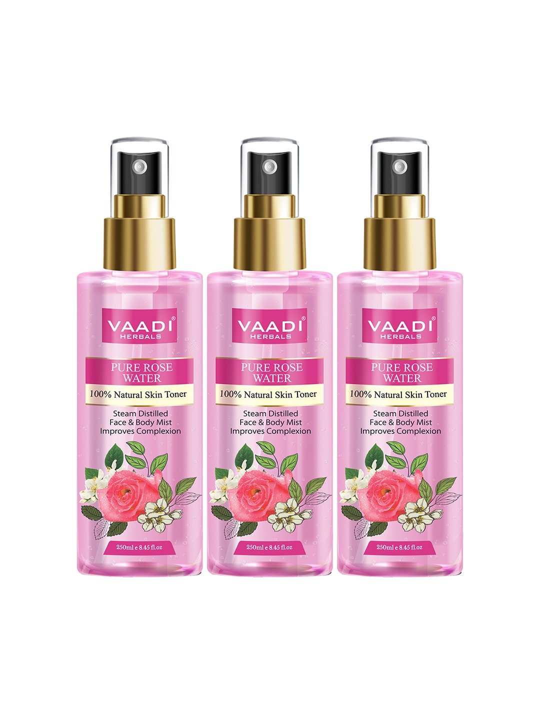 

Vaadi Herbals Set of 3 Rose Water - 100% Natural & Pure Skin Toners - 250ml each, Pink