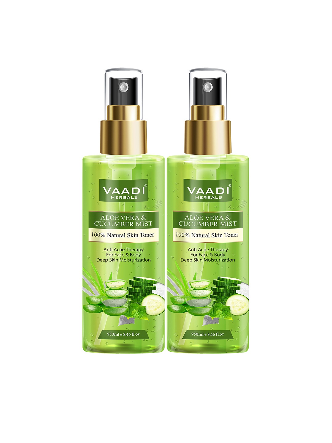 

Vaadi Herbals Set of 2 Aloe Vera & Cucumber Mists - 100% Natural Skin Toner - 250ml each, Green