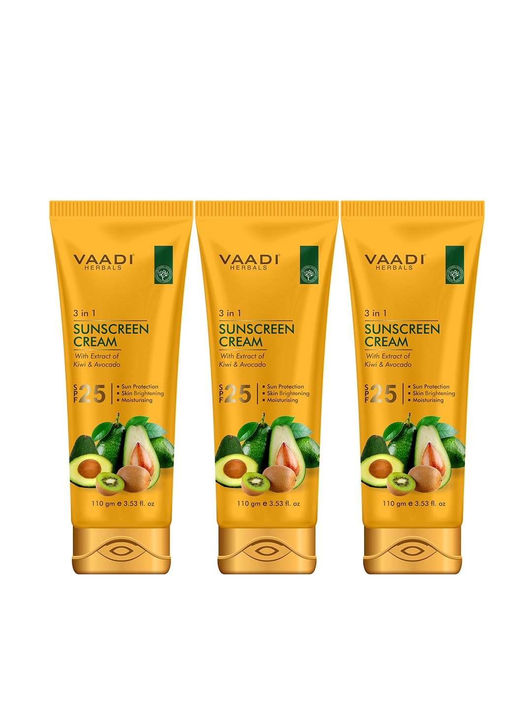 

Vaadi Herbals Set of 3 Kiwi & Avocado Extract 3-In-1 SPF 25 Sunscreen Cream - 110 g each, Mustard