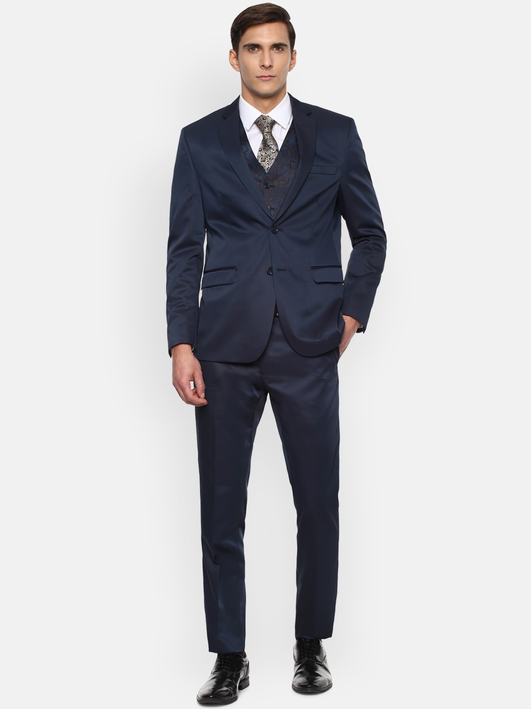 

Van Heusen Men Navy Blue Self-Design Slim-Fit Single-Breasted 3-Piece Formal Suit