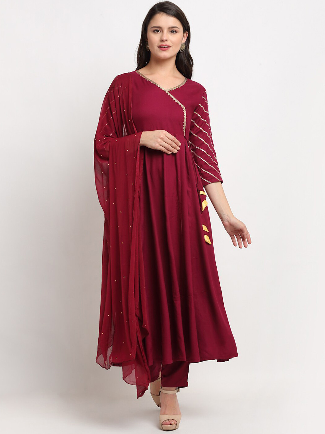 

The Mini NEEDLE Women Maroon Angrakha Gotta Patti Kurta with Trousers & With Dupatta