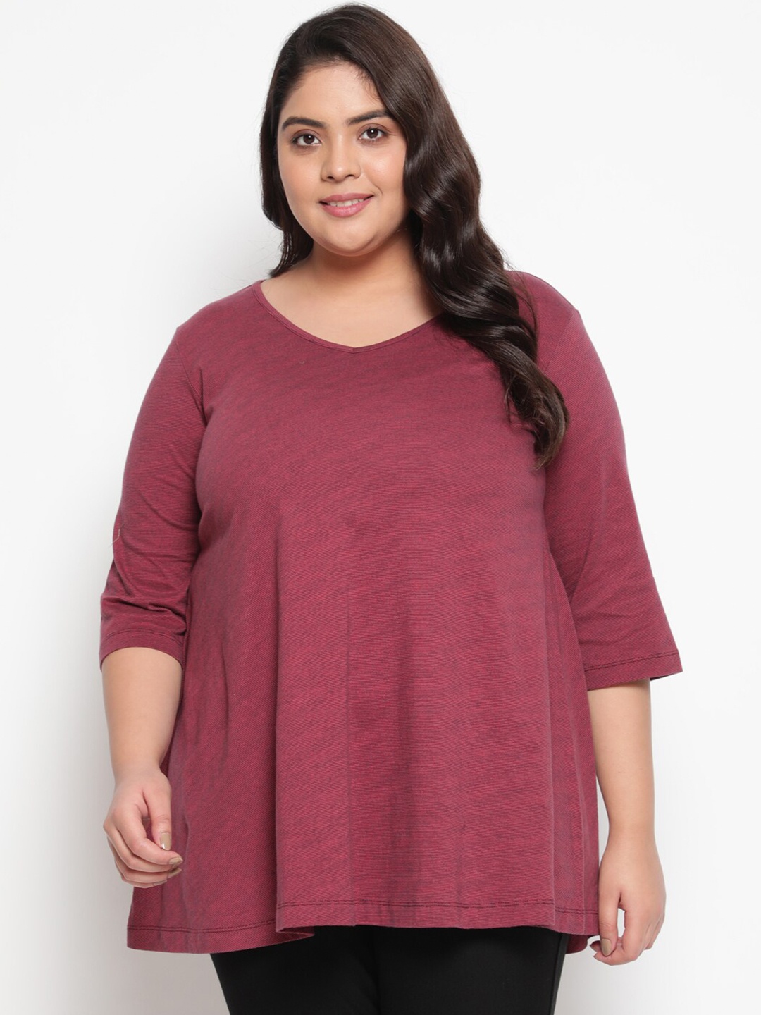 

Amydus Women Plus Size Red Striped V-Neck T-shirt