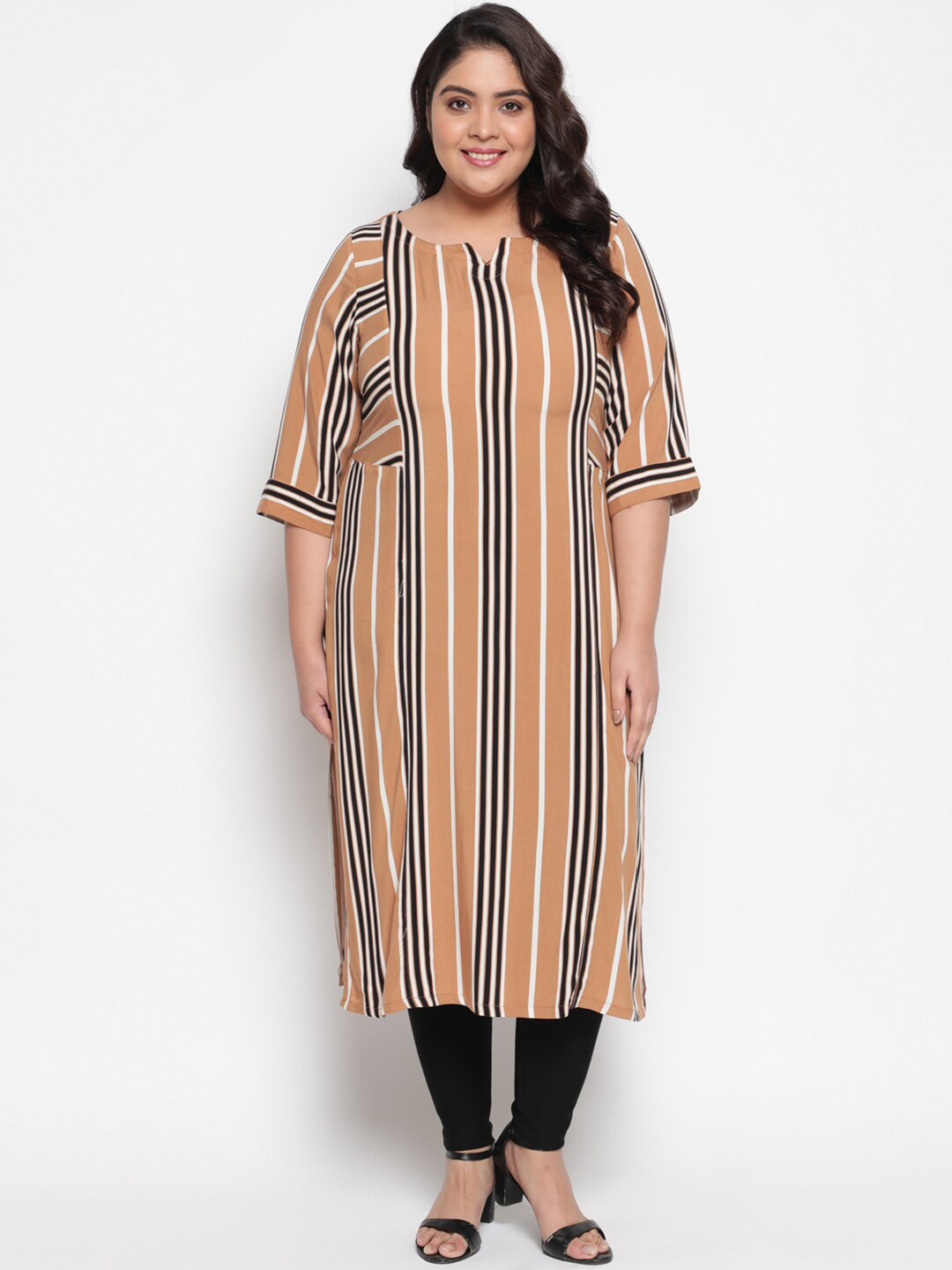 

Amydus Women Plus Size Beige & Black Striped Kurta
