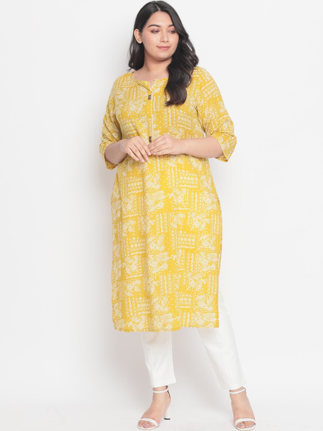 

Amydus Women Plus Size Yellow Ethnic Motifs Printed Straight Kurta
