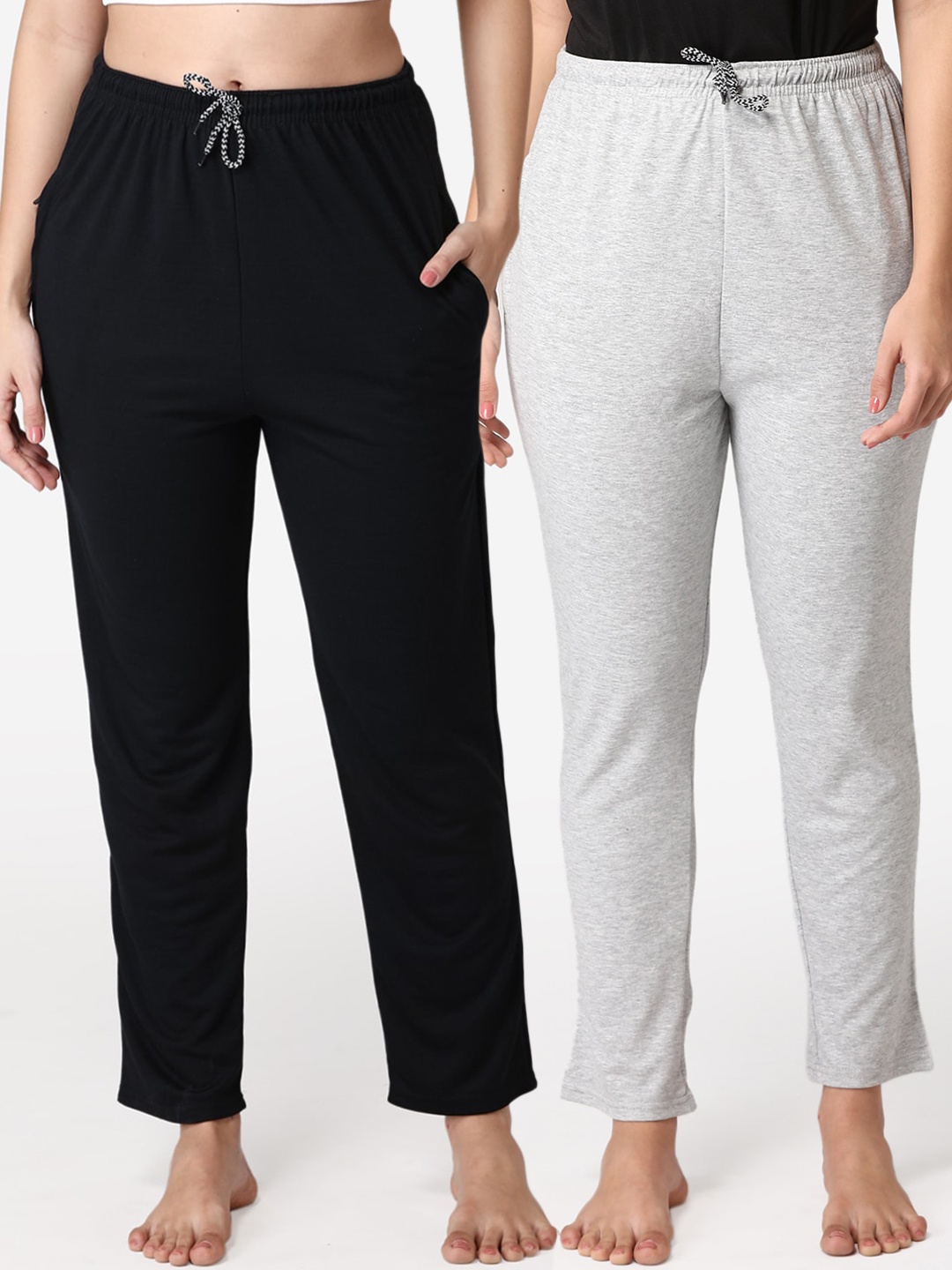 

ABELINO Women Set of 2 Grey & Black Solid High-Rise Pure Cotton Lounge Pants