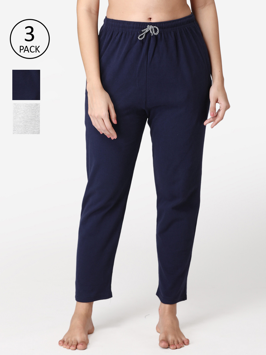 

ABELINO Women Pack Of 3 Black & Blue Black Solid Pure Cotton Lounge Pants