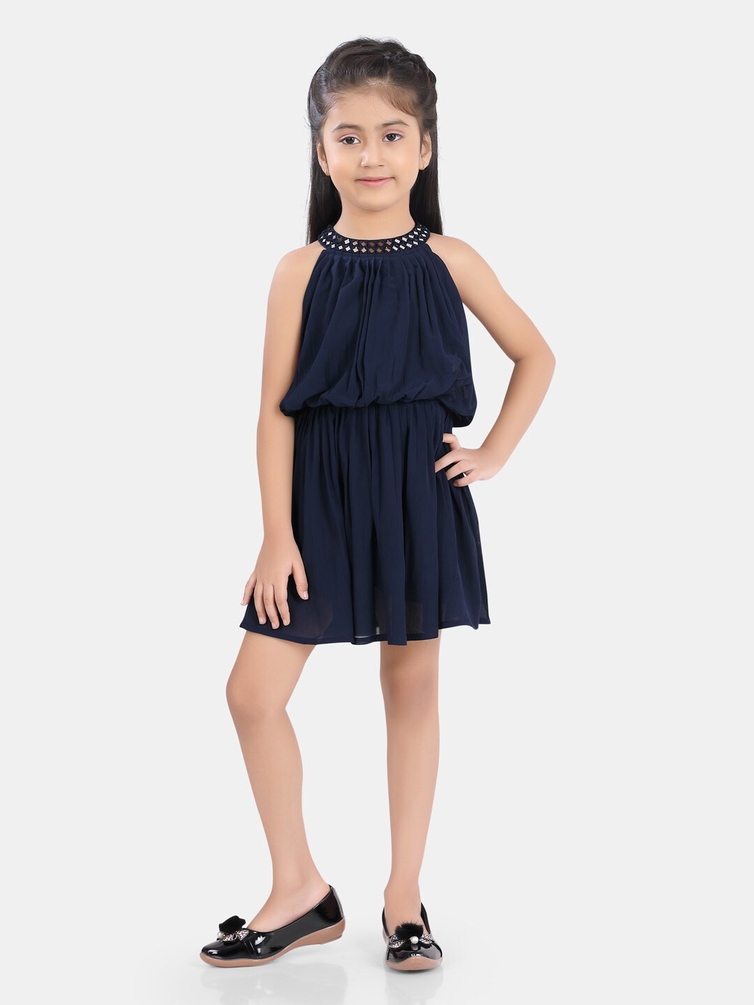 

POPLINS Navy Blue Pleated Cotton Dress