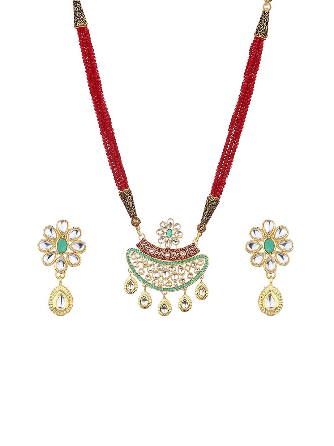 

Runjhun Gold-Plated & Maroon Kundan Studded Jewellery Set