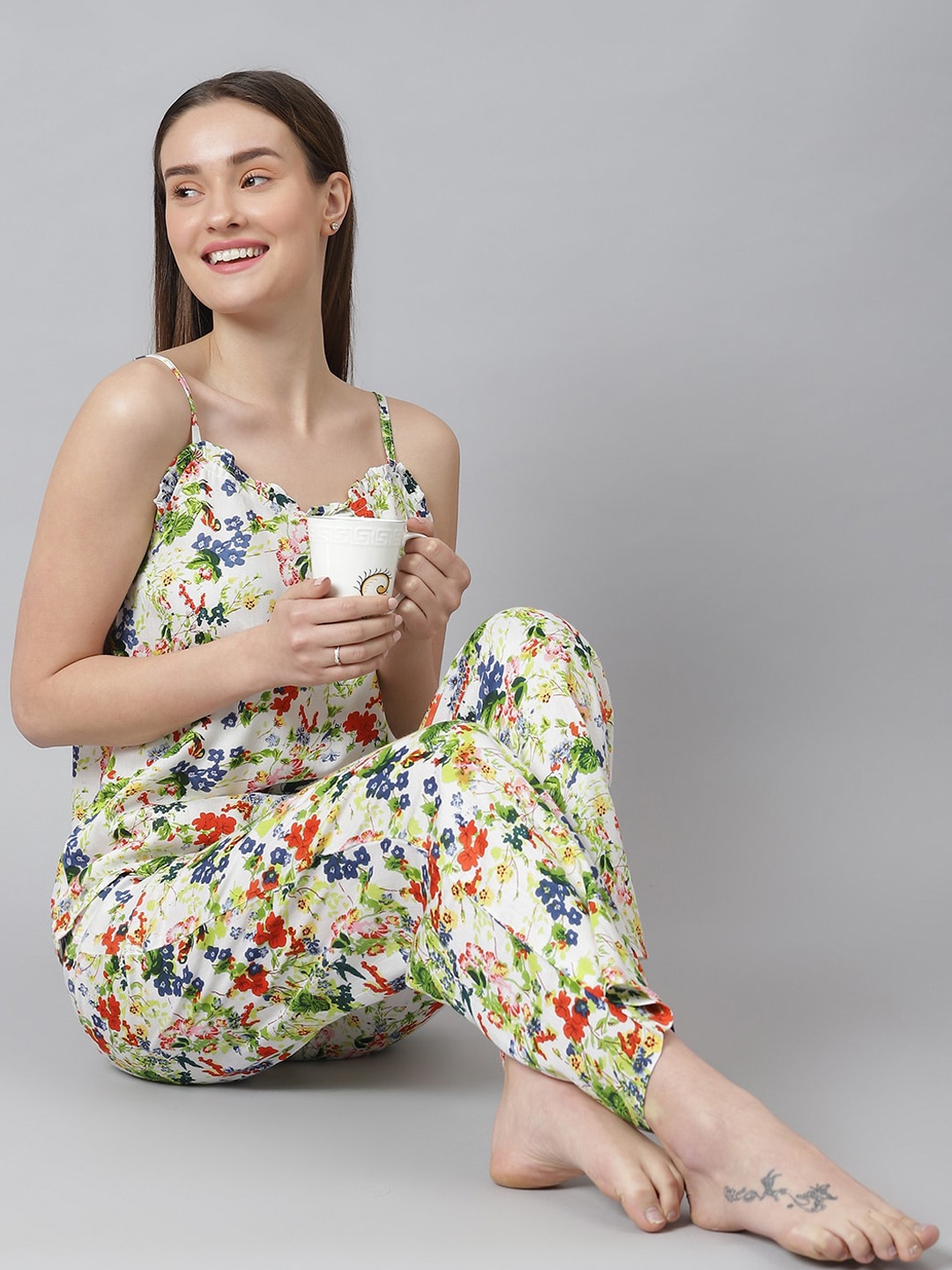 

Cation Women Cream-Coloured & Green Printed Night suit