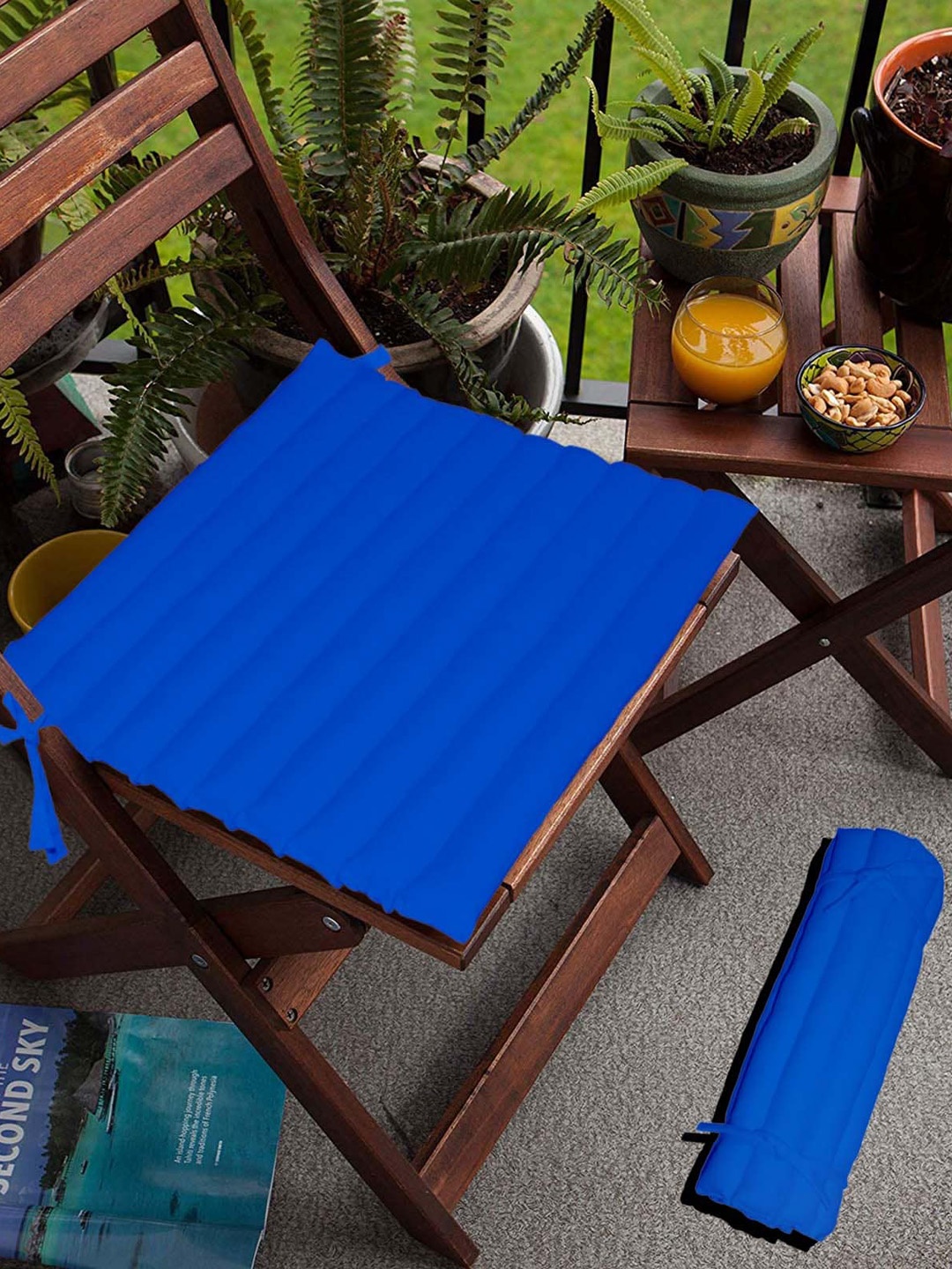 

Lushomes Set Of 2 Blue Solid Cotton Chair Pads