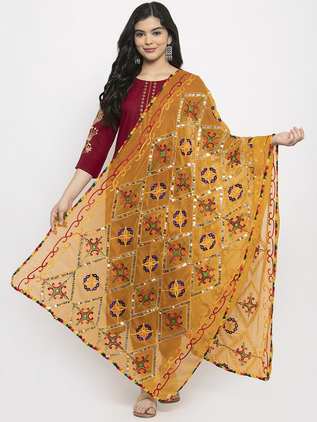 

Clora Creation Mustard & Green Ethnic Motifs Embroidered Dupatta with Mirror Work